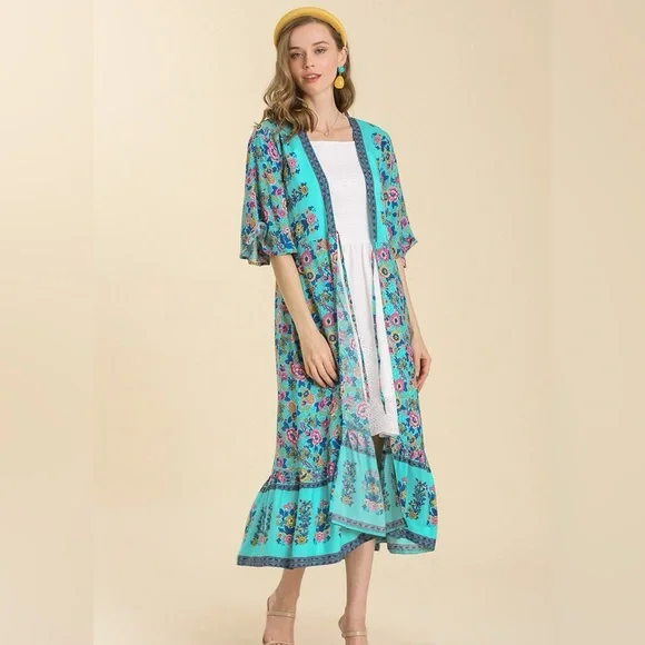 Umgee NWT Gypsy Boho Duster Teal Blue hippy bohemian Cardigan Kimono S M L - Picture 4 of 5
